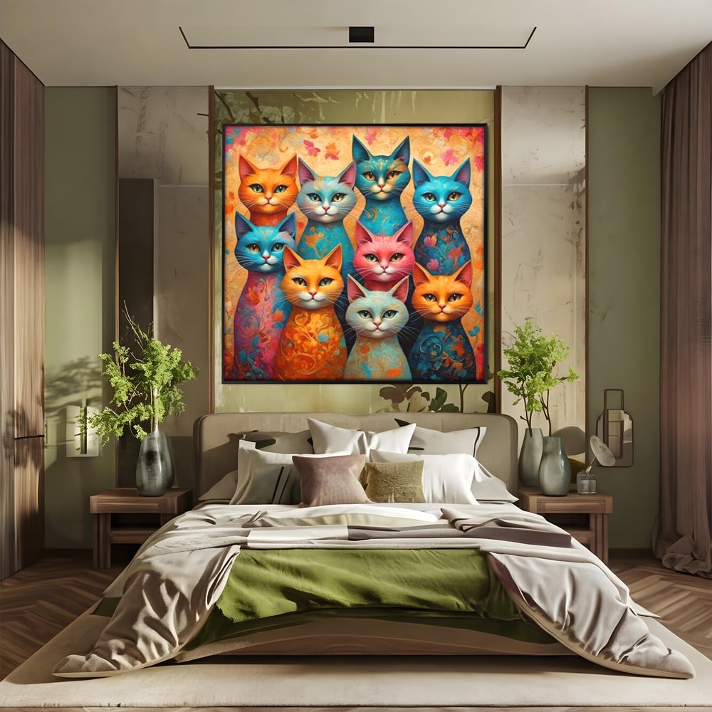 Tablou canvas cu tablou canvas cu opt pisici colorate, in rama de aluminiu negru, pe perete intr-un dormitor